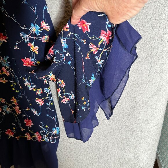Umgee Tunic Mini Dress Size Large Blue Floral Boho Ruffle Bell Sleeve Cottage - Picture 9 of 11